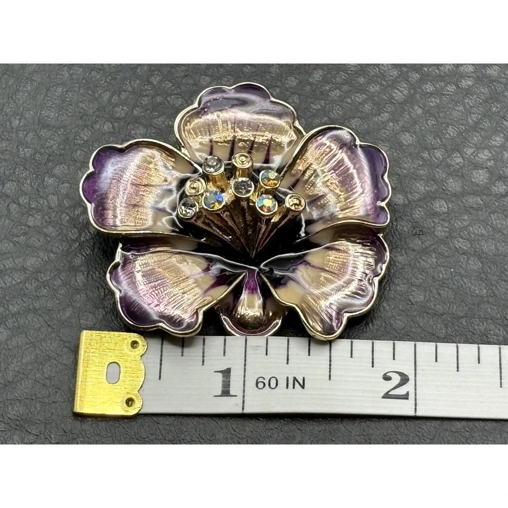 Anne Klein Signed Purple Enamel Pansy Flower Brooch Pin Crystal AB Rhinestone